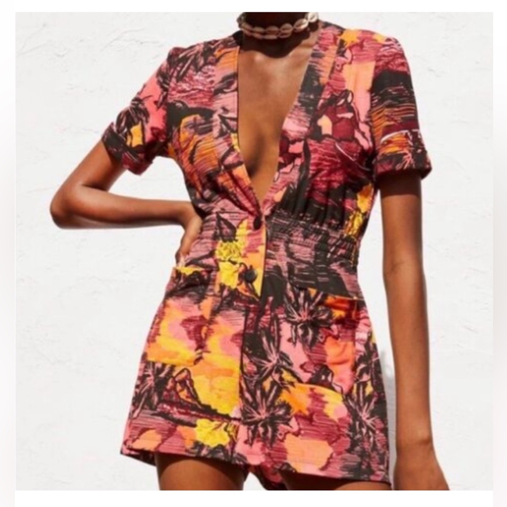 Zara Multicolor Tropical Print Romper Jumpsuit Size Small